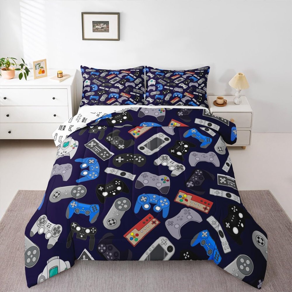 Erosebridal Teens Gamer Comforter Set King Size, Modern Game Down Comforter for Kids Boys Children, Video Game Bedding Set,Player Gaming Gamepad Joystick Soft Quilt Set Room Decor
