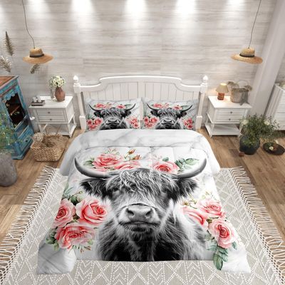 Erosebridal Highland Cow Flower Comforter Set King Size Bull Cattle Bedding Set Western Funny Animal Bedding Set Wildlife Farmhouse Cow Quilt Set Rose Grey Marble Comforter Set