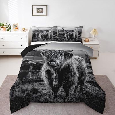 Highland Cow Bedding Set King Size Grey Bull Cattle Comforter Set Funny Farmhouse Wildlife Animal Duvet Set for Kids Boys Girls Teens Western Cowboy Style Down Comforter Adult Bedroom Decor