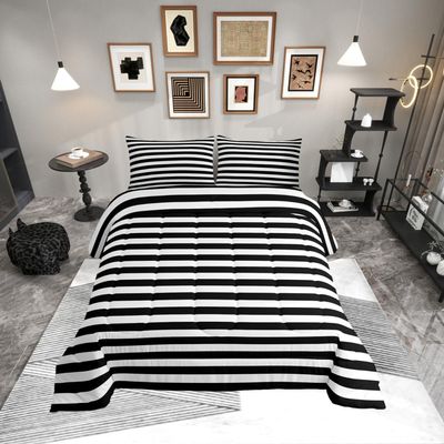 Striped Comforter Set Black and White Stripe Bedding Set King Kids Boys Girls Women Men Farmhouse Ticking Stripes Duvet Set Modern Geometric Lines Adults Abstract Gothic Home Decor Soft Reversible