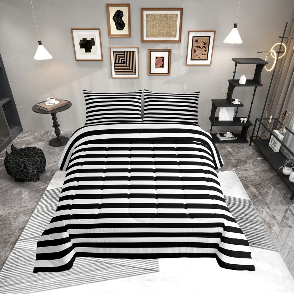 Striped Comforter Set Black and White Stripe Bedding Set King Kids Boys Girls Women Men Farmhouse Ticking Stripes Duvet Set Modern Geometric Lines Adults Abstract Gothic Home Decor Soft Reversible