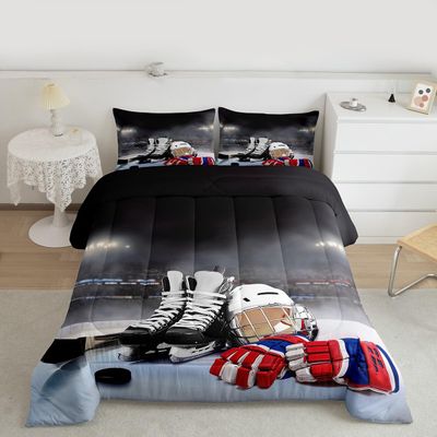 Erosebridal Ice Hockey Comforter Set King, Hockey Player Down Comforter for Kids Boys Girls Teens Juvenile, Sports Game Duvet Set, Soft Winter Quilted Duvet Sports Bedroom Decor for All Season
