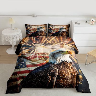 Erosebridal American Flag Comforter Eagle Room Decorative Comforter Set King Size Firework Bedding Set Wildlife Animal Bird Down Comforter Soft Lightweight Quilt Set with 2 Pillowcases