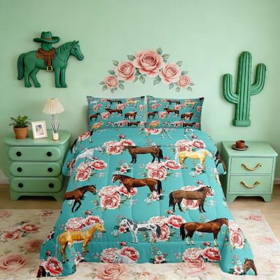 Kids Horse Bedding Set King Size Chic Retro Floral Bedding Comforter Set for Girls Teens Galloping Horse Printed Comforter 3D Wild Farm Animal Duvet Set Bedroom Decor Quilt Set 3Pcs, Green Pink