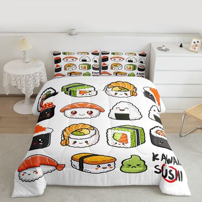 Erosebridal Kawaii Sushi Pattern Comforter Set King, Japanese Style Down Comforter, Food Theme Quilted Duvet for Kids Boys Girls Teens, Cute Cartoon Japanese Sushi Quilt Set Room Decorative