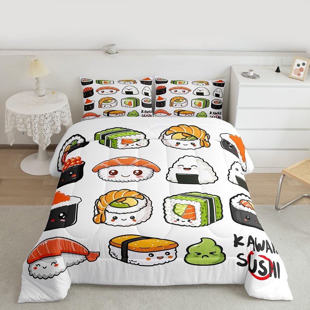 Erosebridal Kawaii Sushi Pattern Comforter Set King, Japanese Style Down Comforter, Food Theme Quilted Duvet for Kids Boys Girls Teens, Cute Cartoon Japanese Sushi Quilt Set Room Decorative