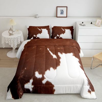 Erosebridal Cow Print Bedding Set King, Brown White Cowhide Comforter Set, Farmhouse Animal Hair Bedding Set for Kids Teens Adult Milk Western Cowboy Rustic Duvet Set Home Room Decor