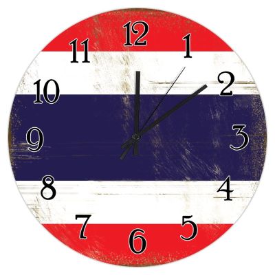 Thailand Hanging Wall Clock Thailand Flag Vintage Country Style Wooden Clocks National Flag Country Souvenir Clock Battery Operated Silent Round Clock for Kitchen Bedroom Office 12inch