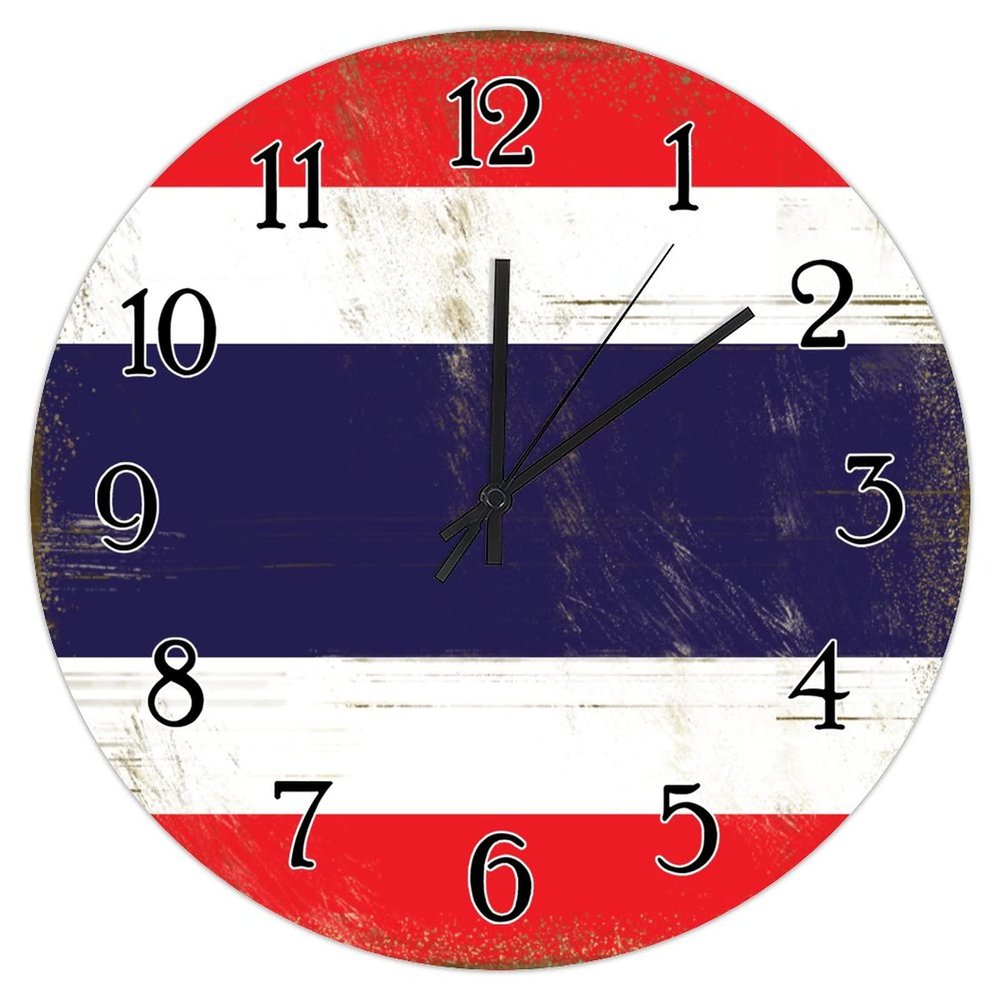 Thailand Hanging Wall Clock Thailand Flag Vintage Country Style Wooden Clocks National Flag Country Souvenir Clock Battery Operated Silent Round Clock for Kitchen Bedroom Office 12inch