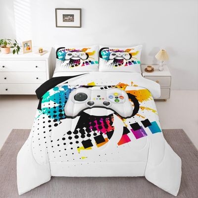 Kids Gaming Comforter Set King Gamer Bedding Set, Modern Console Game Controller Duvet Set for Boys Girls Teens, White Gamepad Quilt Set, Tie Dye Colorful Comforter Set Grey White Soft Bedding Set