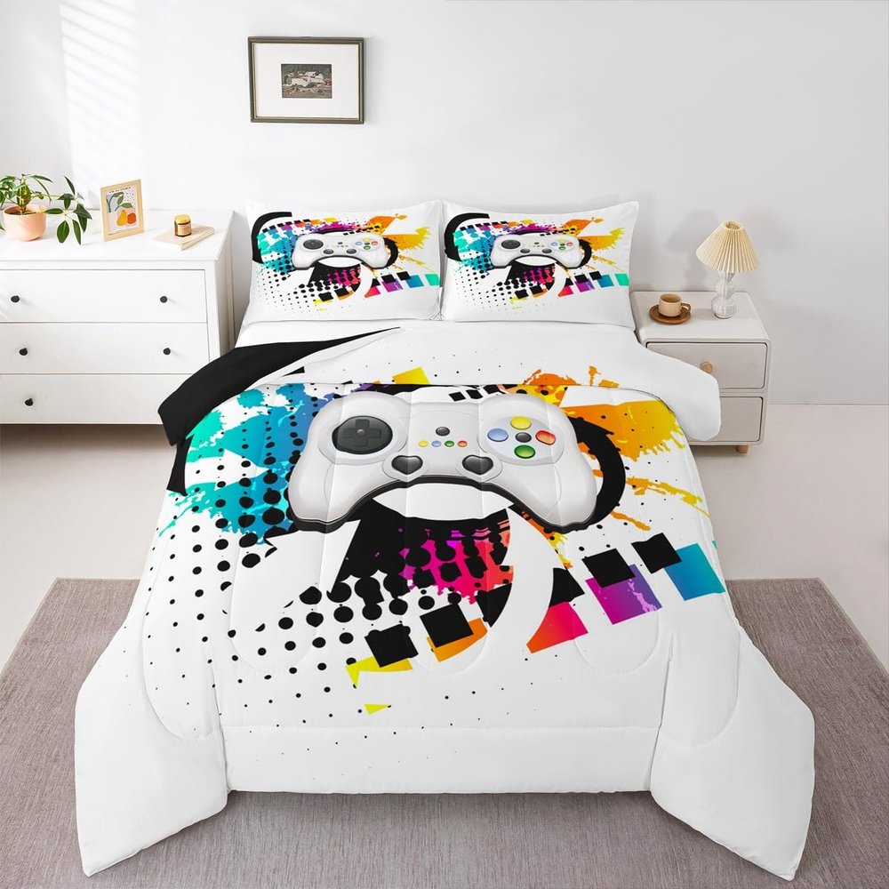 Kids Gaming Comforter Set King Gamer Bedding Set, Modern Console Game Controller Duvet Set for Boys Girls Teens, White Gamepad Quilt Set, Tie Dye Colorful Comforter Set Grey White Soft Bedding Set