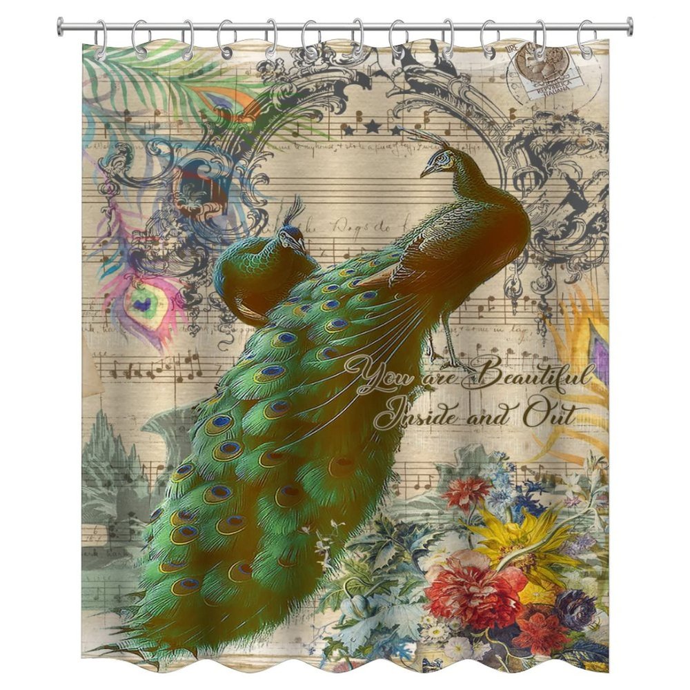 Peacock Shower Curtain for Bathroom White and Blue-Green Royal Peacocks Curtain Set with Hooks Bathroom Decoration Waterproof Fabric Shower Curtain - Beautiful Inside and Out 60x72in
