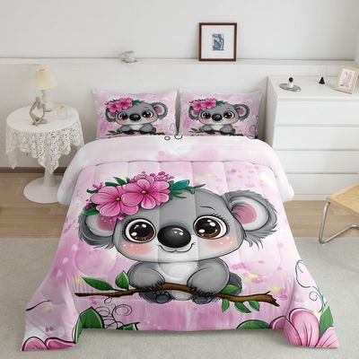 Erosebridal Cartoon Koala Comforter Set King Size, Cute Koala Bedding Set, Cherry Blossom Rose Quilted Duvet for Kids Baby Toddler, Nursery Quilt Set, Butterfly Branch Leaves Duvet Set