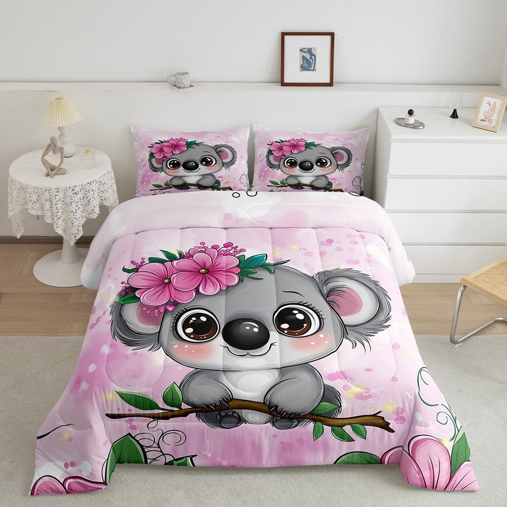 Erosebridal Cartoon Koala Comforter Set King Size, Cute Koala Bedding Set, Cherry Blossom Rose Quilted Duvet for Kids Baby Toddler, Nursery Quilt Set, Butterfly Branch Leaves Duvet Set