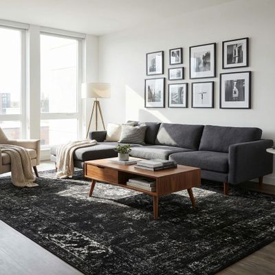 Rugs.com - Monte Carlo Collection Rug 9' x 12' Black Easy-Clean Rug Distressed Medallion for Living Rooms, Dining Rooms, and Offices