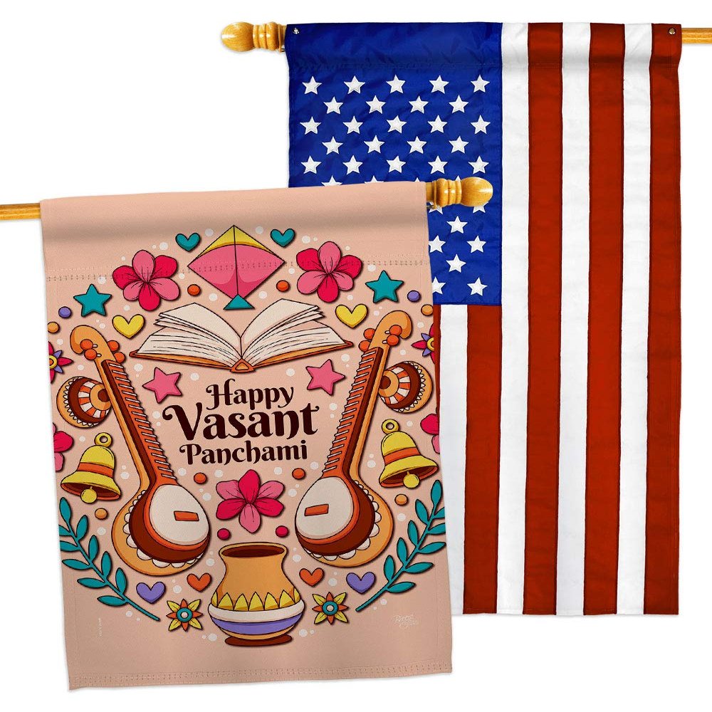 Happy Vasant Panchami House Flags Pack Celebration Basant Sarasvati Puja Spring Goddess Saraswati USA Applique Small Decorative Gift Yard Banner Made In 28 X 40