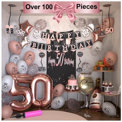 Clean Evolution 50th Birthday Party Decorations Women Beautiful Rose Gold and Black Happy Banner Foil Latex Balloons Backdrop Cake Topper And Tableware