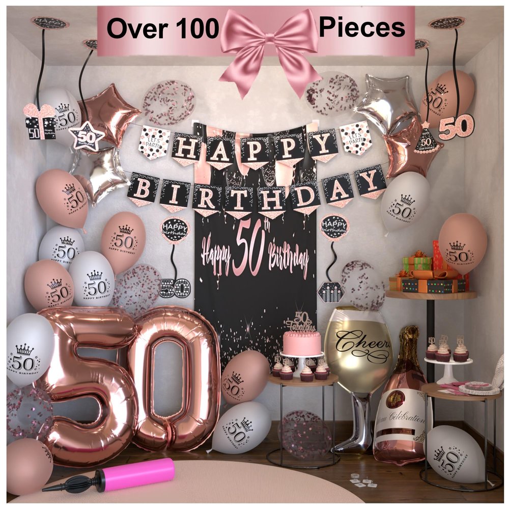 Clean Evolution 50th Birthday Party Decorations Women Beautiful Rose Gold and Black Happy Banner Foil Latex Balloons Backdrop Cake Topper And Tableware