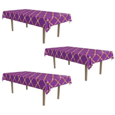 Beistle Lattice Tablecovers, 54 x 108 Plastic Table Cloth, Moroccan Decorations for Party, Moroccan Tablecloth, Arabian Nights Theme Party, Rectangular Table Cloth Purple/Gold, 3 Pieces