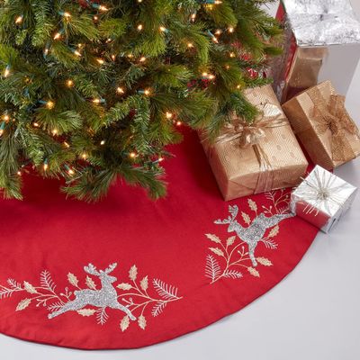 Fennco Styles Embroidered Reindeer Christmas Tree Skirt 72 Inch Round - Red Festive Tree Skirt for Home, Holiday Decoration and Special Occasion