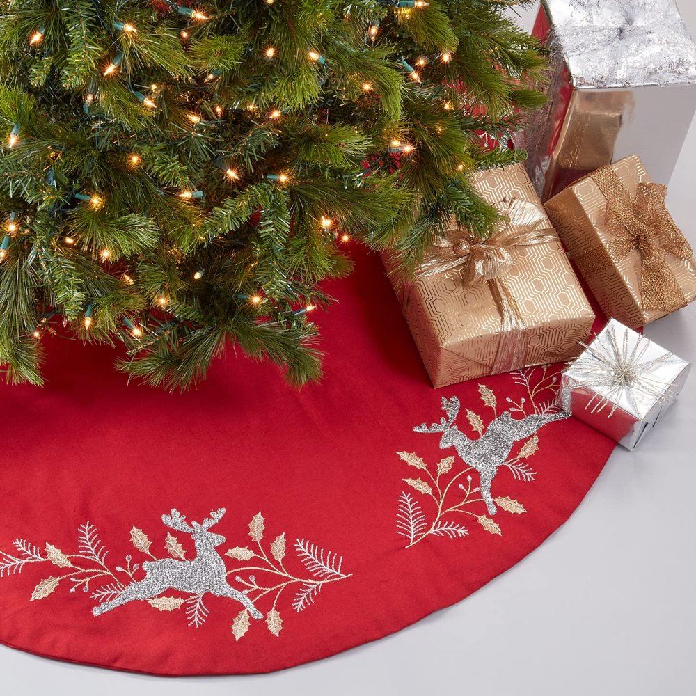 Fennco Styles Embroidered Reindeer Christmas Tree Skirt 72 Inch Round - Red Festive Tree Skirt for Home, Holiday Decoration and Special Occasion