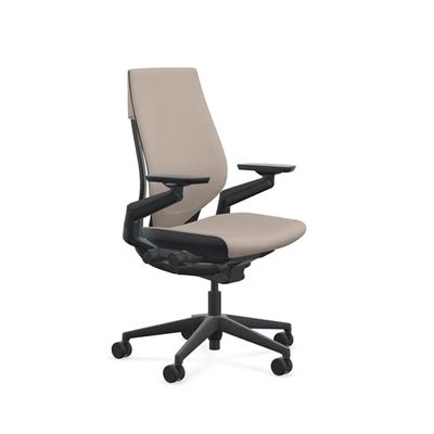 Steelcase Gesture Office Chair - Era Truffle Fabric, Medium Seat Height, Wrapped Back, Black on Black Frame, and Standard Carpet Casters