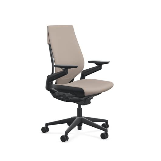 Steelcase Gesture Office Chair - Era Truffle Fabric, Medium Seat Height, Wrapped Back, Black on Black Frame, and Standard Carpet Casters