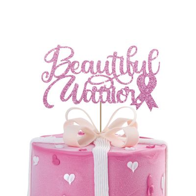 Beautiful Warrior Cake Topper, No Mo Chemo Cake Topper, Breast Cancer Awareness Cake Decor, Breast Cancer Pink Ribbon Sign Survivor Party Decoration Supplies - Pink Glitter