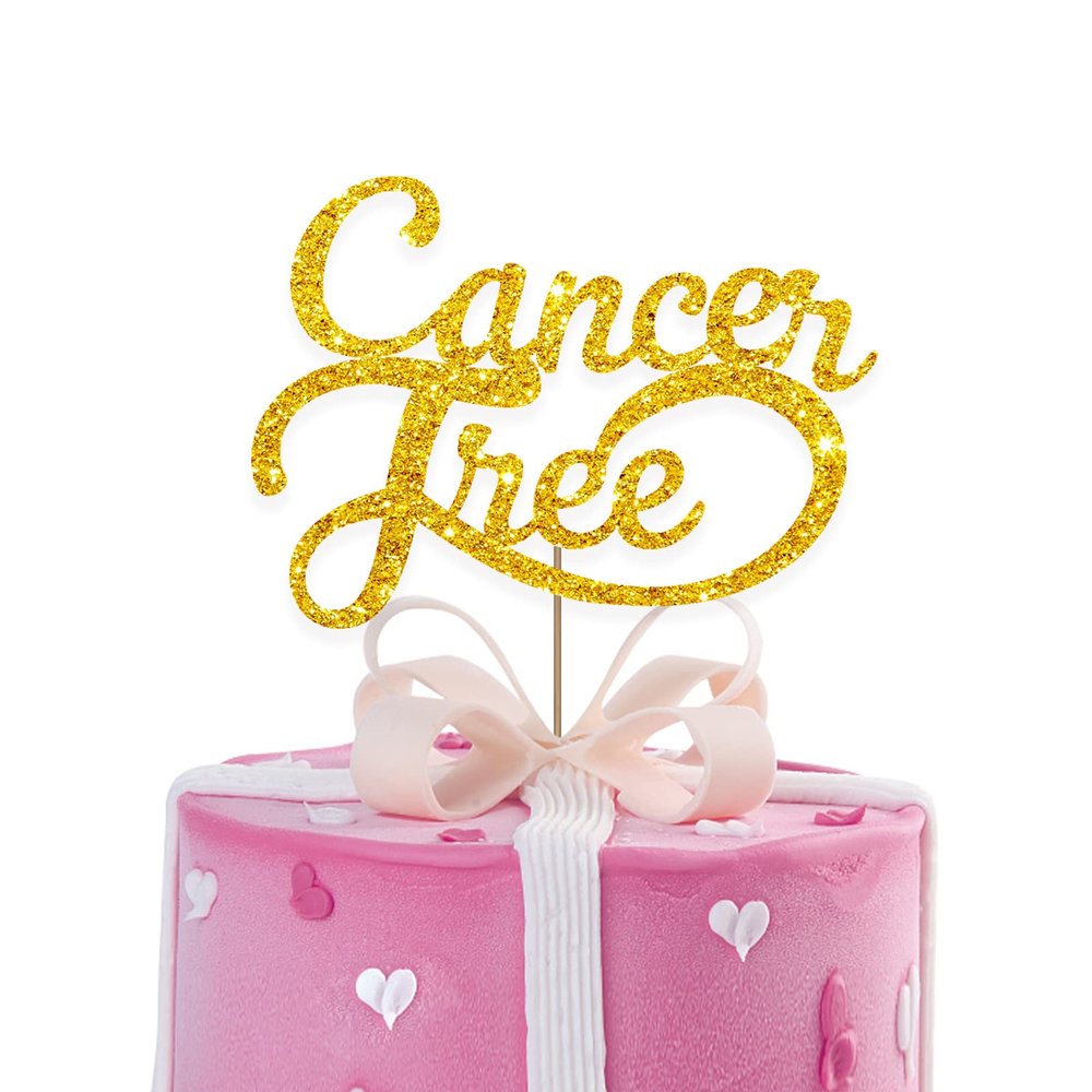 Cancer Free Cake Topper, Breast Cancer Awareness Cake Decor, Breast Cancer Pink Ribbon Sign Survivor Party Decoration Supplies - Gold Glitter