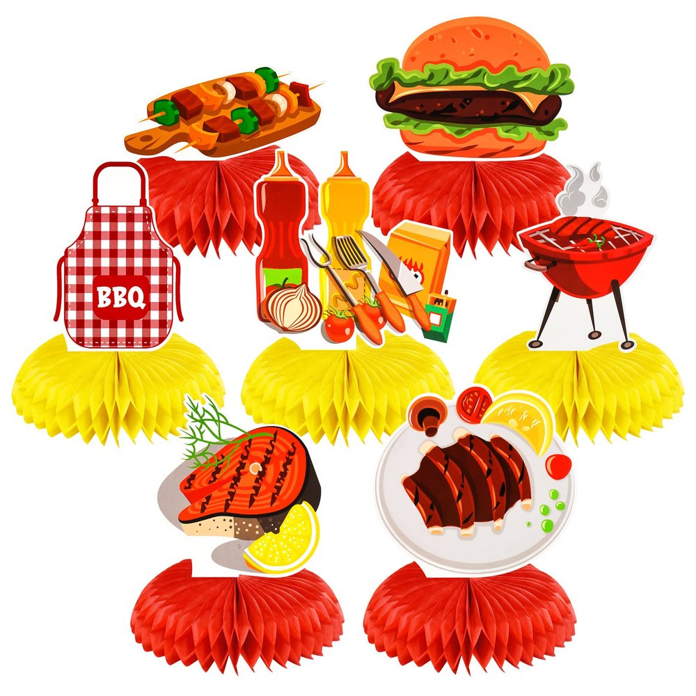 7 Pcs BBQ Baby Shower Honeycomb Centerpieces BBQ Party Tables Decorations BBQ Theme Table Topper for Birthdays BBQ Picnic Party Summer Barbecue Themed Holidays Party Supplies