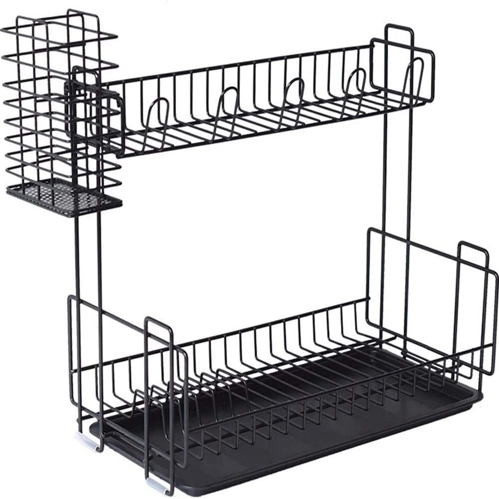 2 Tier Dish Drainer Rack Dish DrainersStainless Steel Draining Dish Rack2 Tier Kitchen Fork Spoon Organizer Dish Racks Dish Drainer with Drip Tray-A Dish Rack (Color : Black)