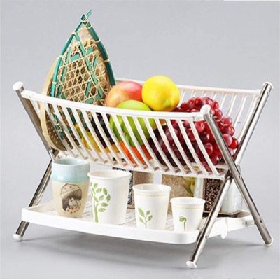 Dish Drying Rack Multipurpose Stainless Steel Foldable X Shape 2-Tier Shelf Small Dish Drainers with Drainboard