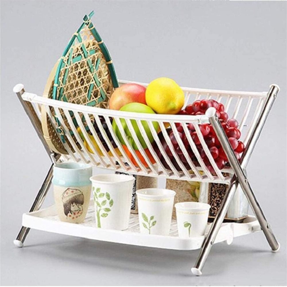 Dish Drying Rack Multipurpose Stainless Steel Foldable X Shape 2-Tier Shelf Small Dish Drainers with Drainboard