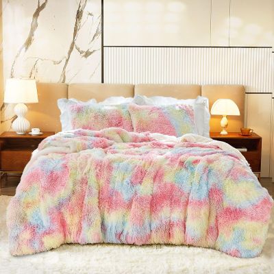 Luxury Faux Fur Shaggy Comforter Set Full/Queen Size, Plush & Sherpa Reversible Comforter Tie Dye Rainbow, 3-Piece Fluffy Fuzzy Bedding Set Ultra Soft and Warm for Winter (1 Comforter + 2 Pillowcases)