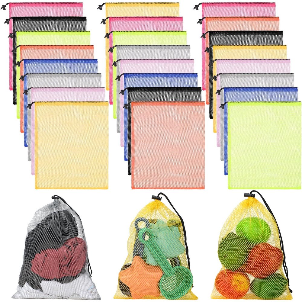 24 Pcs Mesh Bags Drawstring Mesh Laundry Bag Stuff Sack Nylon Bags Camping Nylon Bag with Drawstring Cord for Toys(13 x 15 Inch)