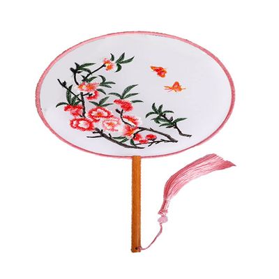 Classic Round Fan,Exquisite Embroidery&Semi-Transparent Silk Cloth Surface,10+ Optional Patterns,Diameter 8.3in, (Pattern 2 - Peach Blossom and Butterfly)