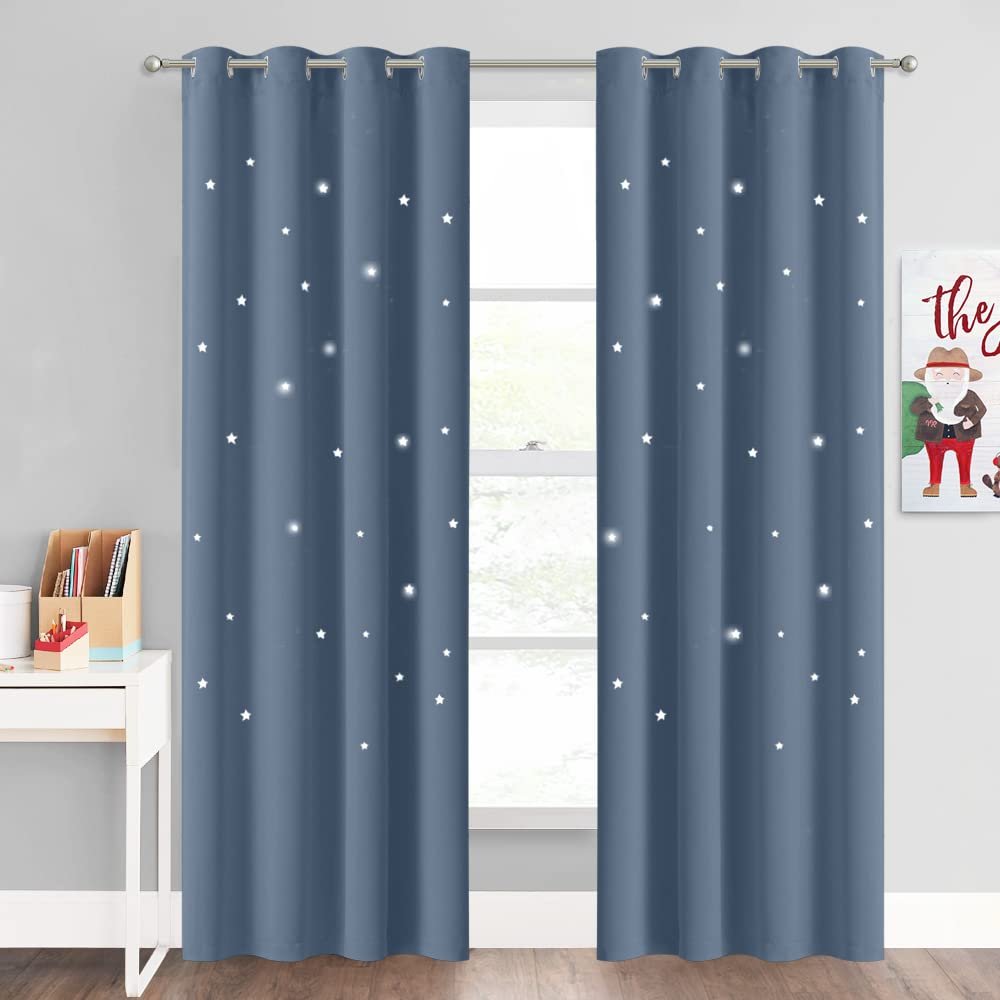 NICETOWN Star Curtains for Kids Bedroom, Cutout Star Starry Sky Room Darkening Window Curtains for Nursery, Grommet Top Thermal Insulated Drapes for Home Decor, 1 Panel, Stone Blue, 52" x 63"