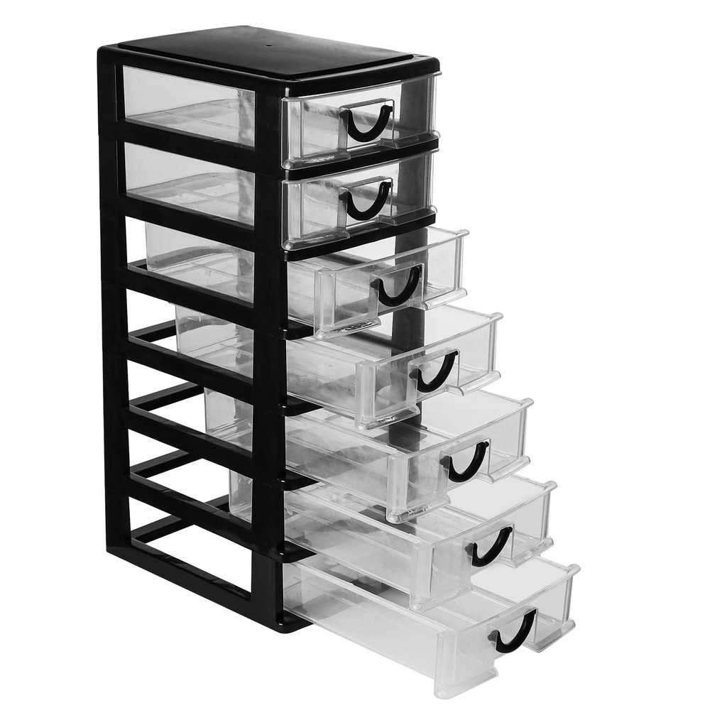 Rempry Mini Plastic Drawers Organizer, 7.1"cx5.1"x13.2" Small Storage Drawers Containers with 7 Clear Drawer Units, Black