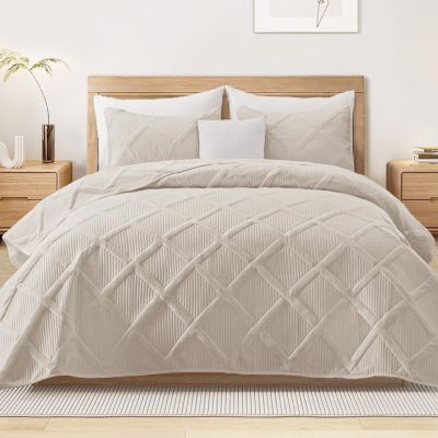Exclusivo Mezcla King Quilt Set- Brich Beige Quilts Bedding Set with 2 Pillow Shams, Modern King Bedspread with Striped Pattern, Soft Lightweight Bedspreads Coverlets for All Seasons
