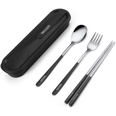iNKULEER Travel cutlery set, 18/8 stainless steel cutlery, Reusable utensils set with case, Portable Silverware Lunch Box for Camping and Office (Black)