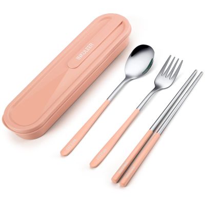 iNKULEER Travel cutlery set, 18/8 stainless steel cutlery, Reusable utensils set with case, Portable Silverware Lunch Box for Camping and Office (Pink)