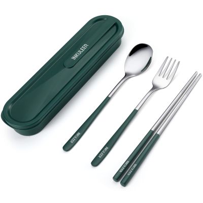 iNKULEER Travel cutlery set, 18/8 stainless steel cutlery, Reusable utensils set with case, Portable Silverware Lunch Box for Camping and Office (Dark Green)
