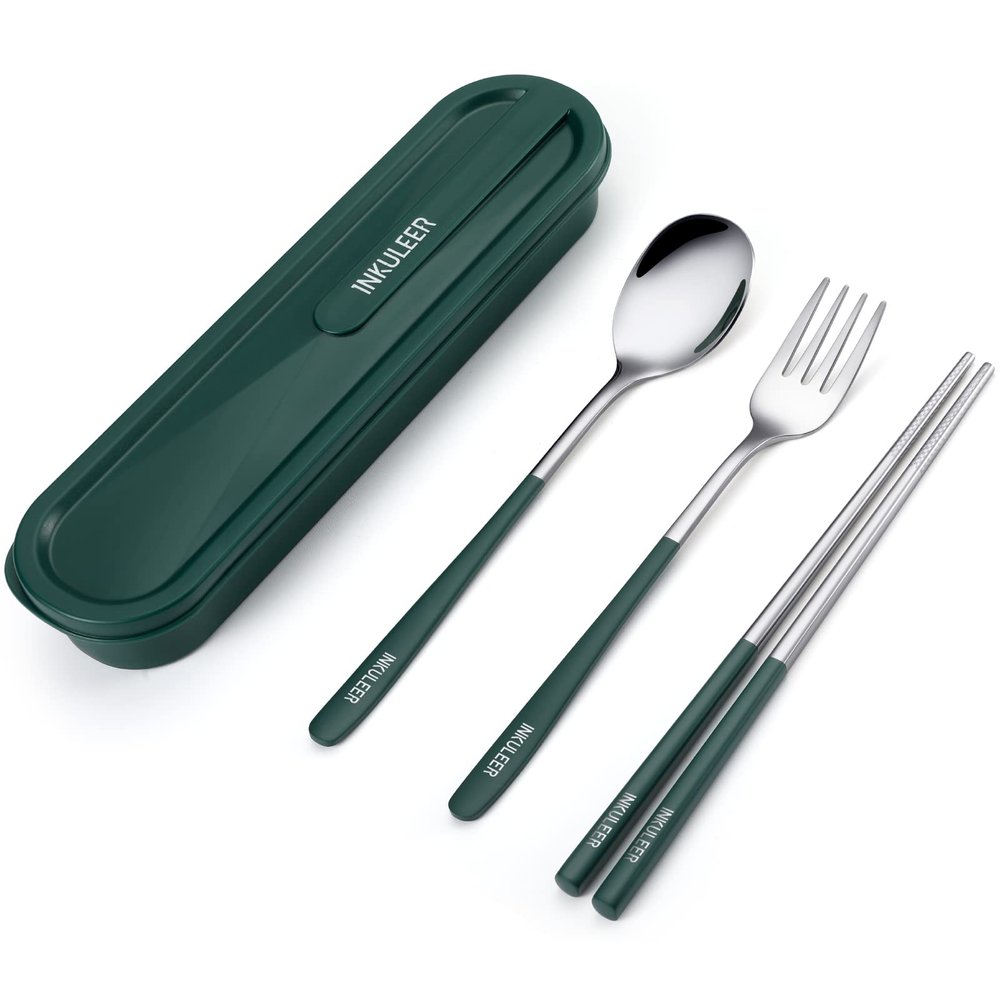 iNKULEER Travel cutlery set, 18/8 stainless steel cutlery, Reusable utensils set with case, Portable Silverware Lunch Box for Camping and Office (Dark Green)