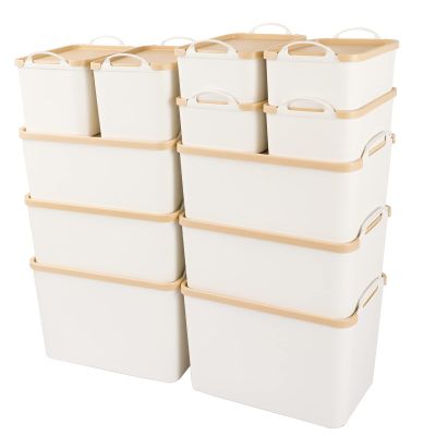ANMINY 12PCS Plastic Storage Bins Containers with Lids, Large White Storage Organization Bins Boxes, Lidded Plastic Storage Baskets for Closet Shelves Desktop, Wheat Lids, 2XL + 4L + 2M + 4S