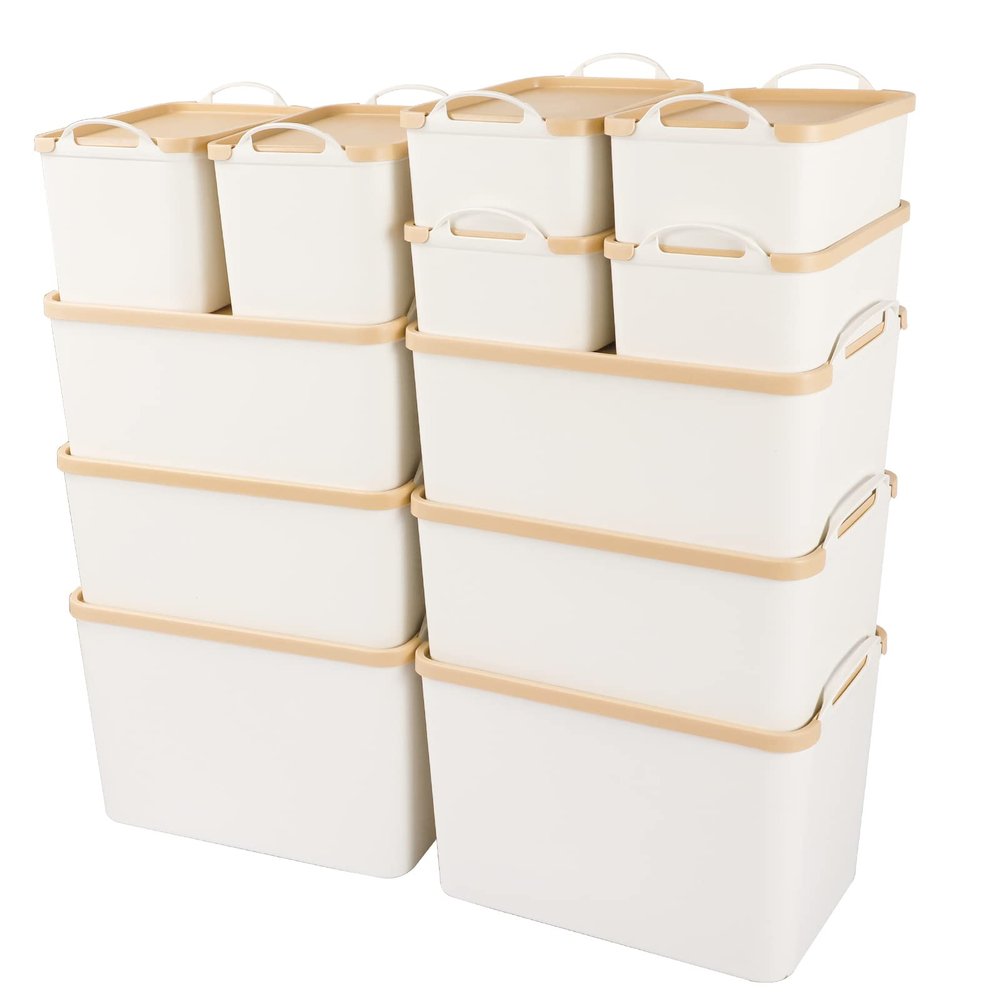ANMINY 12PCS Plastic Storage Bins Containers with Lids, Large White Storage Organization Bins Boxes, Lidded Plastic Storage Baskets for Closet Shelves Desktop, Wheat Lids, 2XL + 4L + 2M + 4S