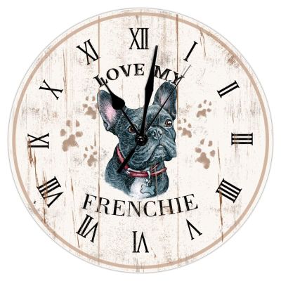 Love My Frenchie Hanging Wall Clock Shabby Chic Retro 15inch Round Wall Clock Frenchie Wall Clocks Quartz Battery Operated Silent Wood Wall Clocks for Laundry Room Bedroom Dog Mom Birthday Gift