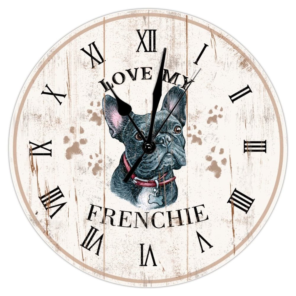 Love My Frenchie Hanging Wall Clock Shabby Chic Retro 15inch Round Wall Clock Frenchie Wall Clocks Quartz Battery Operated Silent Wood Wall Clocks for Laundry Room Bedroom Dog Mom Birthday Gift
