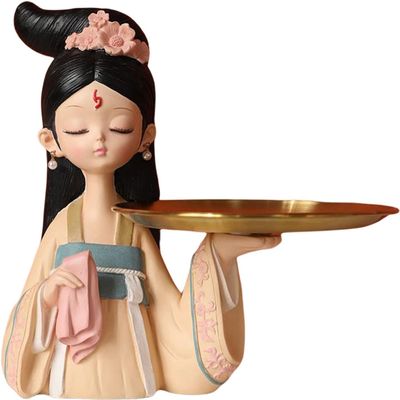 Resin Girl Figurine with Tray Chinese Girl Sculpture Cosmetic Storage Containers Tray Decorative Girl Ornament for Living Room Table Home Decoration - Size L