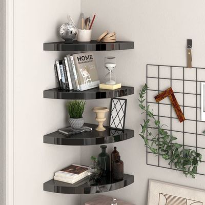 Floating Corner Shelves 4 pcs,Floating Wall Shelf,Wall Shelf for Bedroom,Corner Bathroom Shelf,Invisible Mounting System,for Bathroom, Living Room, Bedroom, Kitchen,High Gloss Black 13.8"x13.8"x1.5"