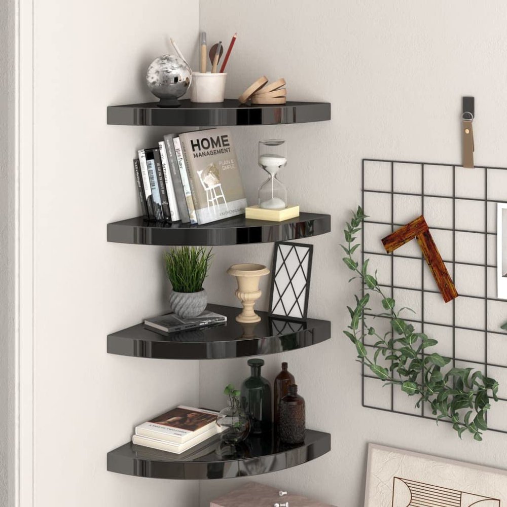 Floating Corner Shelves 4 pcs,Floating Wall Shelf,Wall Shelf for Bedroom,Corner Bathroom Shelf,Invisible Mounting System,for Bathroom, Living Room, Bedroom, Kitchen,High Gloss Black 13.8"x13.8"x1.5"